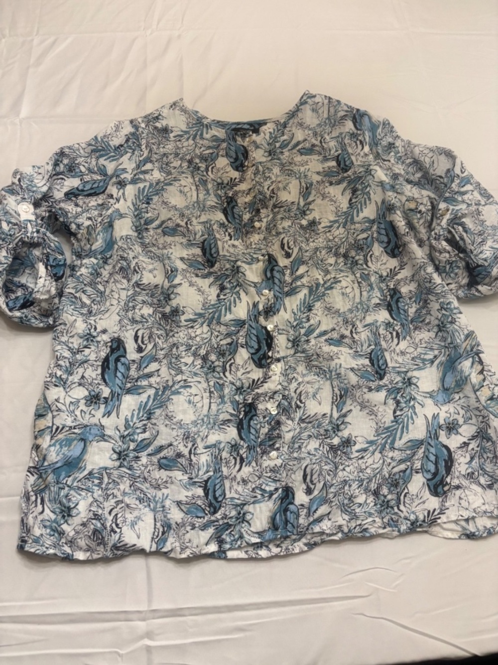 Tahari Linen Shirt 2X Blue Bird Floral Print Coastal Boho Resort Vacation Flowy